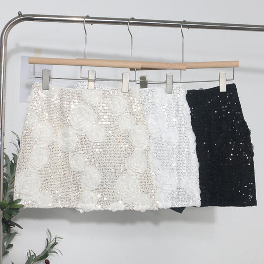 Glamorous White 3D Flower Sequin Mini Skirt - Elegant Floral Wrapped Hip Skirt