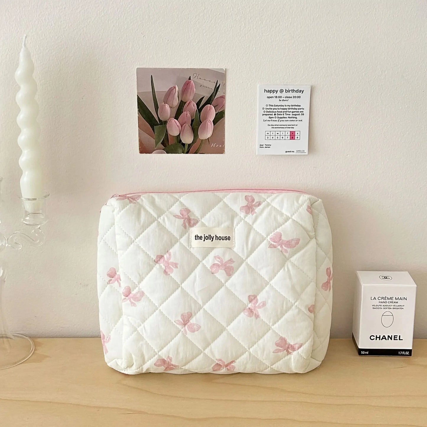 Cute Bow Flower Quilted Cotton Makeup Bag & Toiletry Case Set