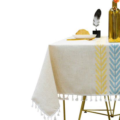 Premium Linen Rectangular Tablecloth – Simple Fabric Dining Table Cover with Elegant Tassels & Embroidery