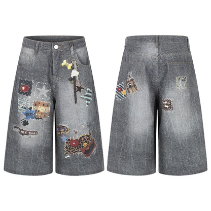 Vintage Patchwork Graphic Denim Shorts - Retro Washed Wide Leg Streetwear Culottes