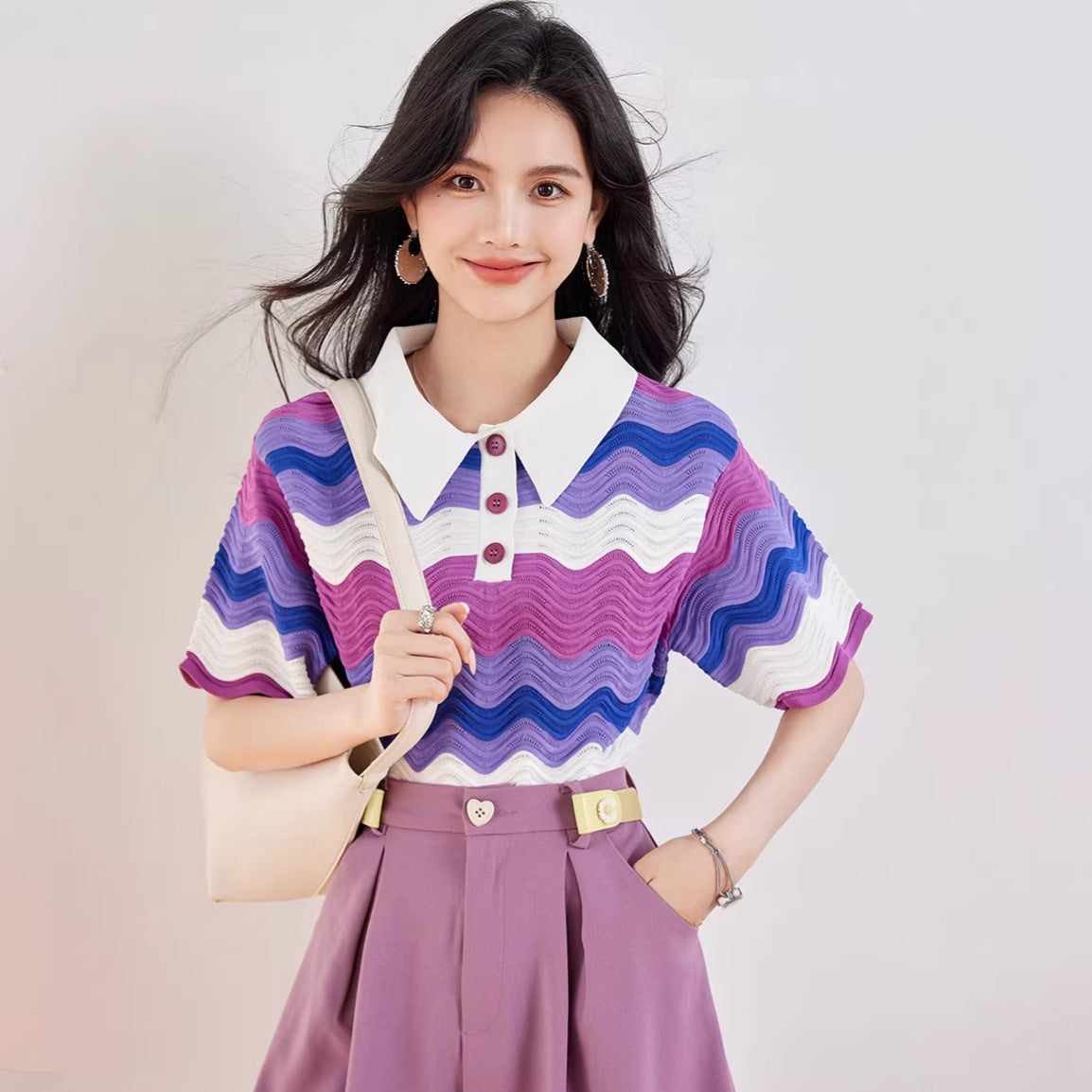 Women's Lightweight Knit Short Sleeve Polo - Unique Purple Pattern Loose Top
