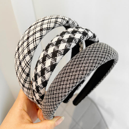 French Vintage Houndstooth Wide Headband - Elegant Thick Sponge Hair Hoop for Women