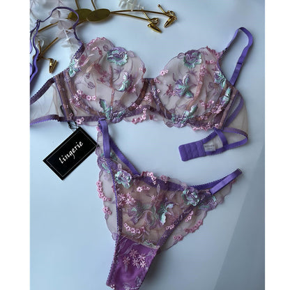 Floral Embroidered Mesh Lingerie Set with Sheer Bra and Thong