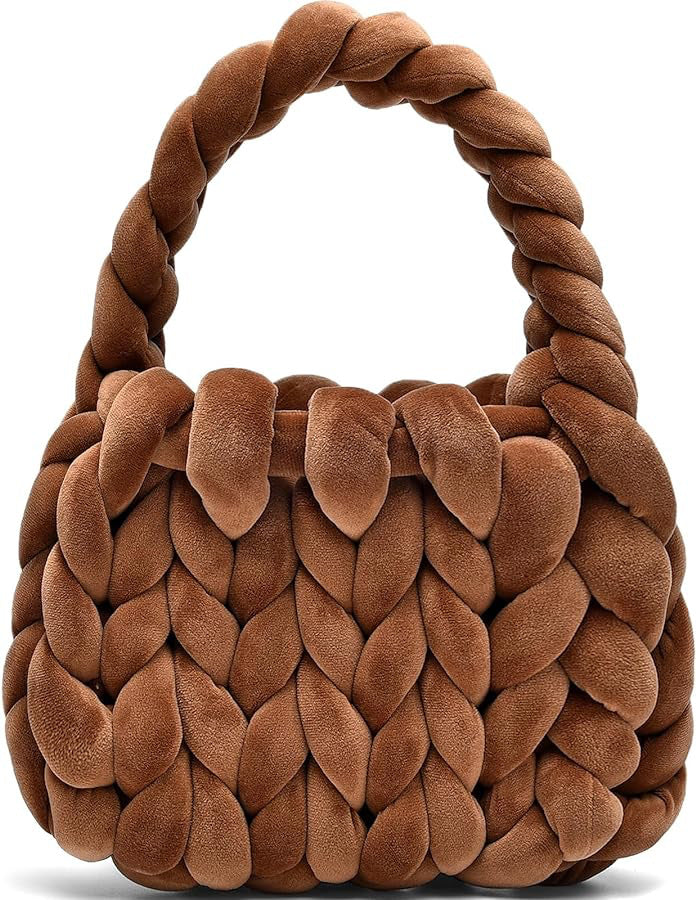 Chunky Hand-Knitted Velvet Yarn Shoulder Bag - Pink