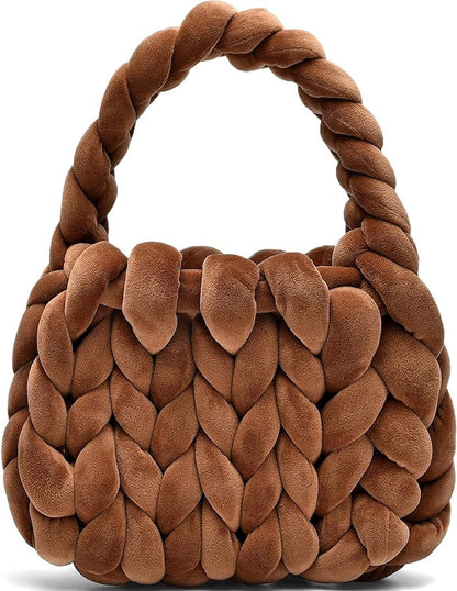 Chunky Hand-Knitted Velvet Yarn Shoulder Bag - Pink
