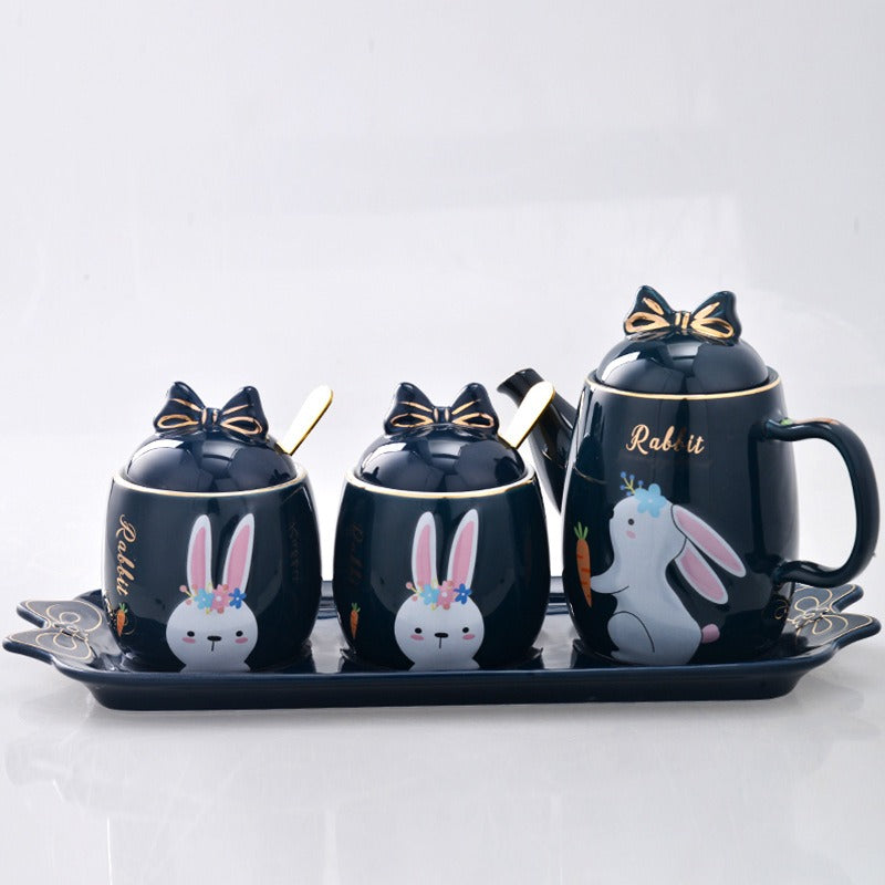 Cute Cartoon Rabbit Ceramic Spice Jar Set - 3 Pieces with Tray