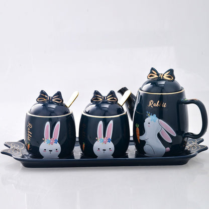 Cute Cartoon Rabbit Ceramic Spice Jar Set - 3 Pieces with Tray