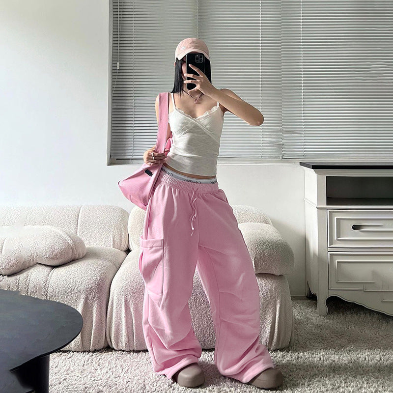Pink High-Waisted Baggy Workwear Cargo Sweatpants