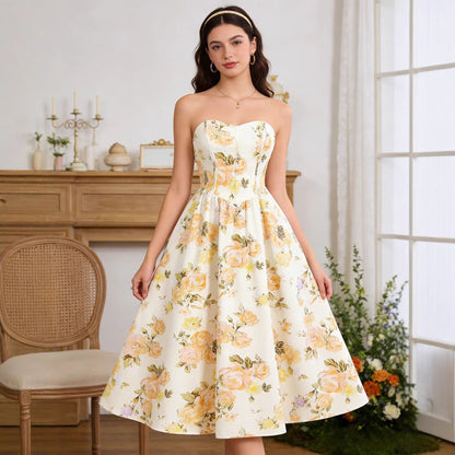 Elegant Sleeveless Floral Printed Dress - Vintage A-Line Midi Dress