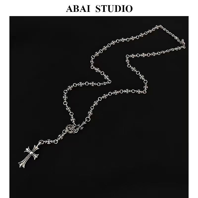 Ornate Silver Tone Cross Pendant Rosary Style Necklace