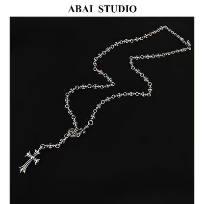 Ornate Silver Tone Cross Pendant Rosary Style Necklace