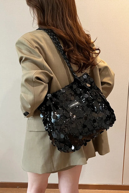Sparkly Silver Sequin Bag with Braided Shoulder Strap (Hobo Style)