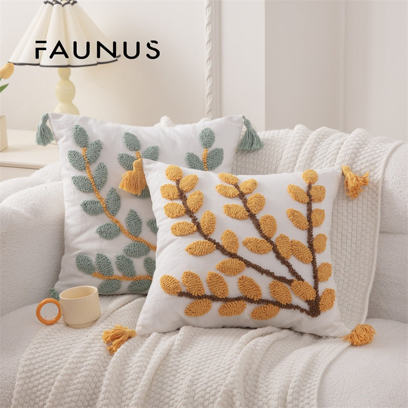 Bohemian Tufted Throw Pillow Cover - Ethnic Moroccan Leaf Embroidered Cushion Case