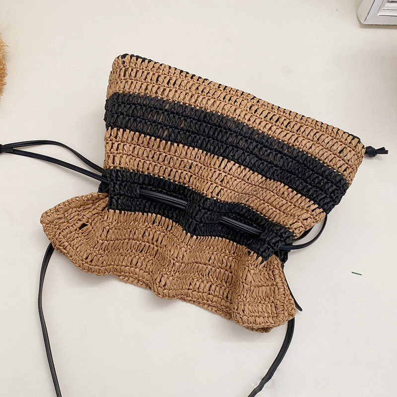 French Style Drawstring Straw Bag with Black Stripes