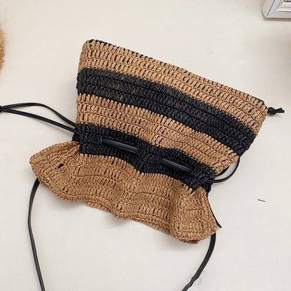 French Style Drawstring Straw Bag with Black Stripes