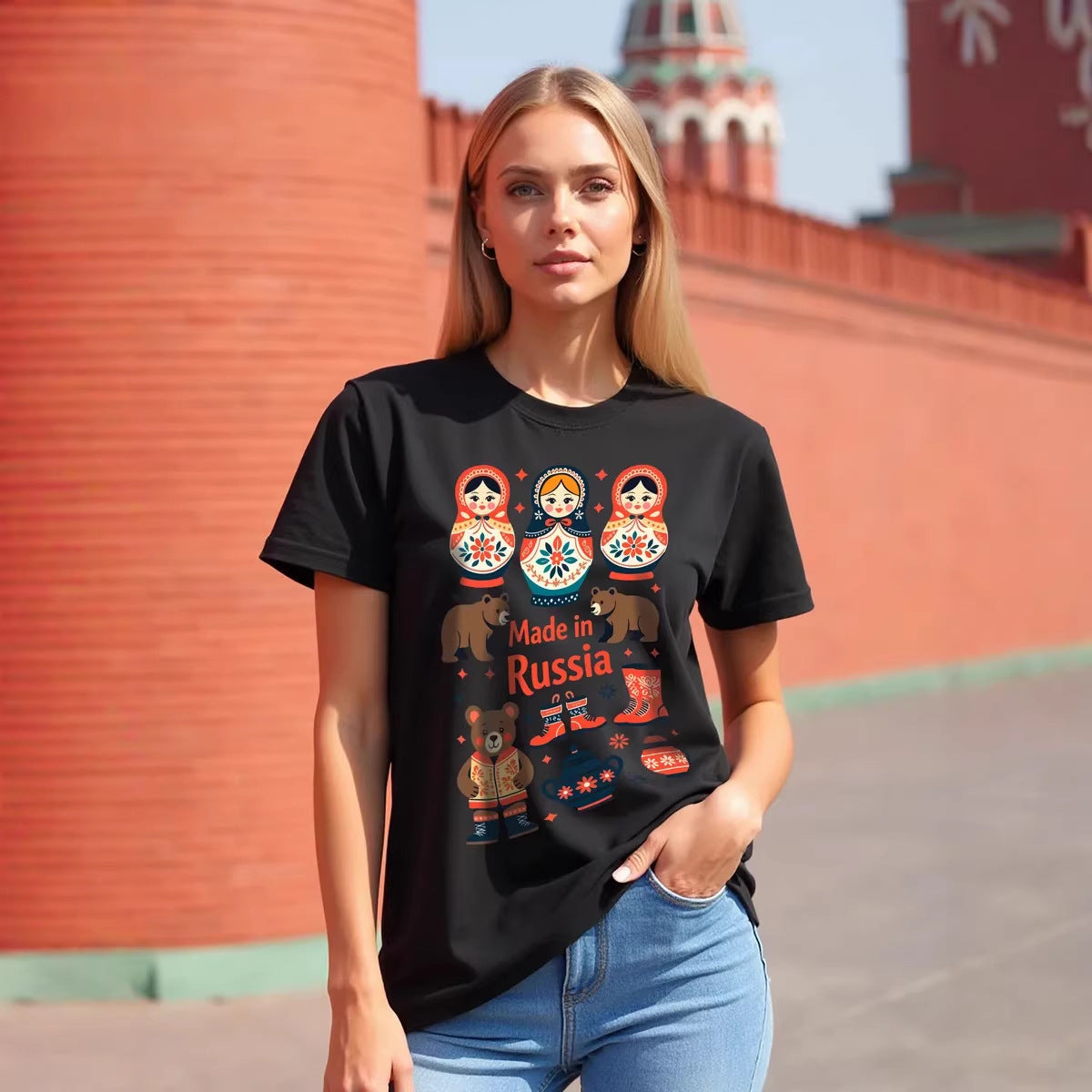 Women's "Made in Russia" Matryoshka Doll Graphic T-Shirt