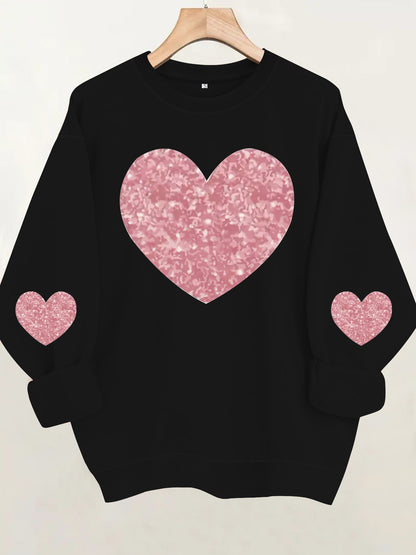 Pink Glitter Heart Print Grey Sweatshirt | Cozy Long Sleeve Pullover for Women