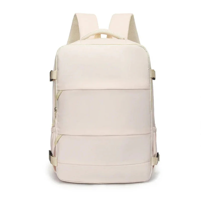 Minimalist cream backpack with padded straps and front zipper pocket on white background