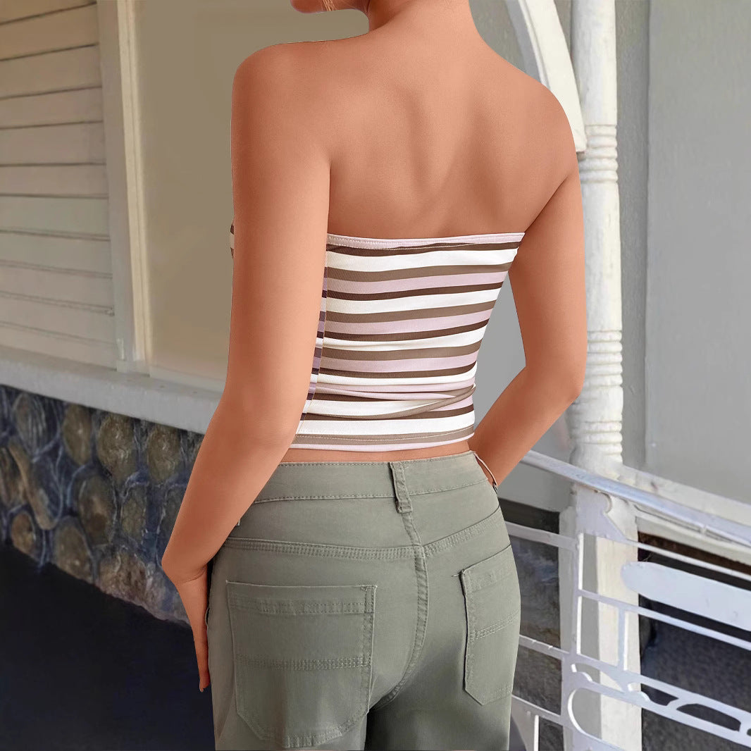 Hooded Striped Strapless Slim Fit Vest | Knit Bandage Crop Tube Top for Women