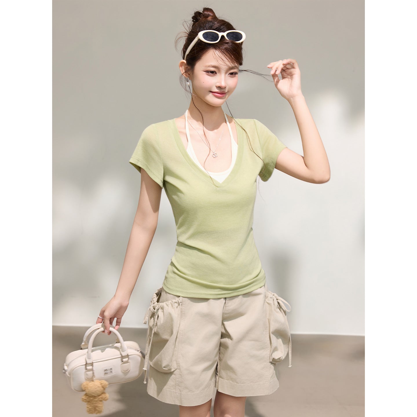 Women's Green V-Neck T-Shirt with U-Neck Halter Bralette Tank Top Set