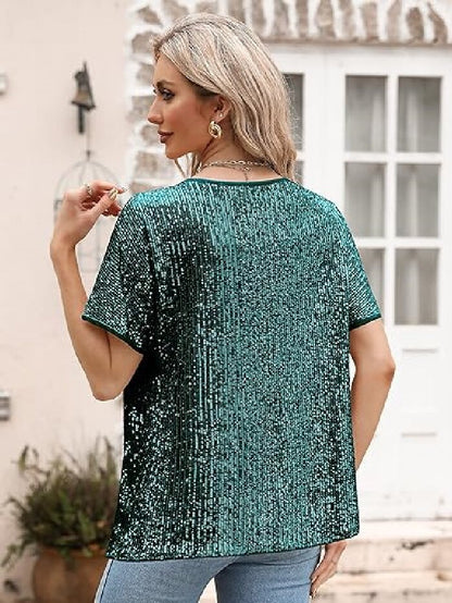 Sparkly Champagne Sequin Party Top - Glamorous Loose Fit Short Sleeve Evening Tee