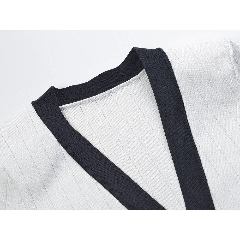 Luxury Contrast Knit Mini Dress - Elegant Gold Button Deep V-Neck Sweater Dress for Women