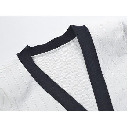 Luxury Contrast Knit Mini Dress - Elegant Gold Button Deep V-Neck Sweater Dress for Women
