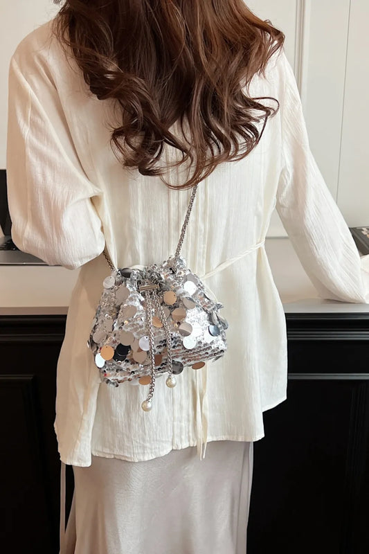Shimmering Drawstring Sequin Pouch Crossbody Bag