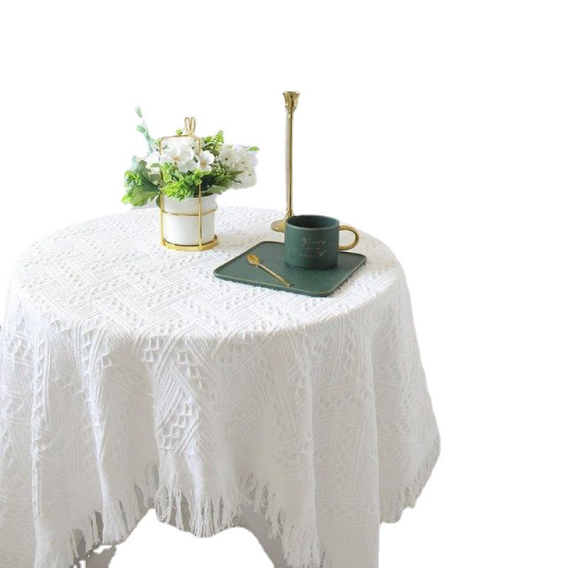 Elegant French Retro Lace Tablecloth – Vintage White Knitted Coffee Table Cover for Home & Photo Props