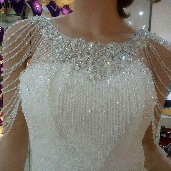 White Crystal Beaded Wedding Bolero / Rhinestone Tassel Shoulder Wrap Applique for Bridal Gown or Evening Dress