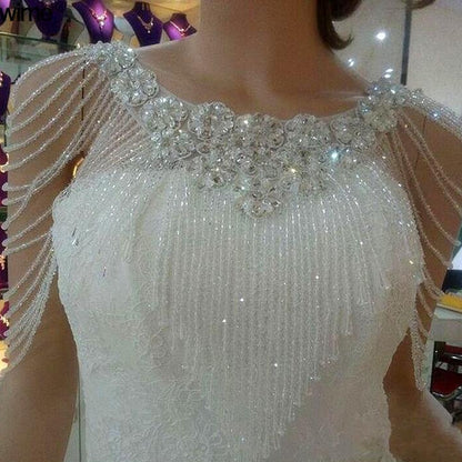 White Crystal Beaded Wedding Bolero / Rhinestone Tassel Shoulder Wrap Applique for Bridal Gown or Evening Dress