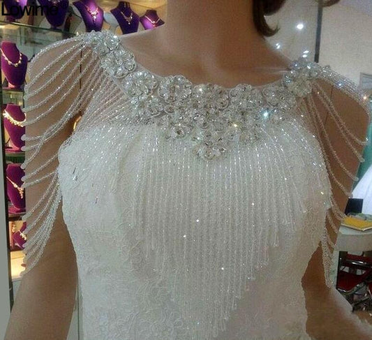 White Crystal Beaded Wedding Bolero / Rhinestone Tassel Shoulder Wrap Applique for Bridal Gown or Evening Dress
