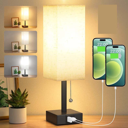 Modern Square Linen Desk Lamp with Dual USB Ports – 3 Color Modes & Pull Chain Switch for Bedroom