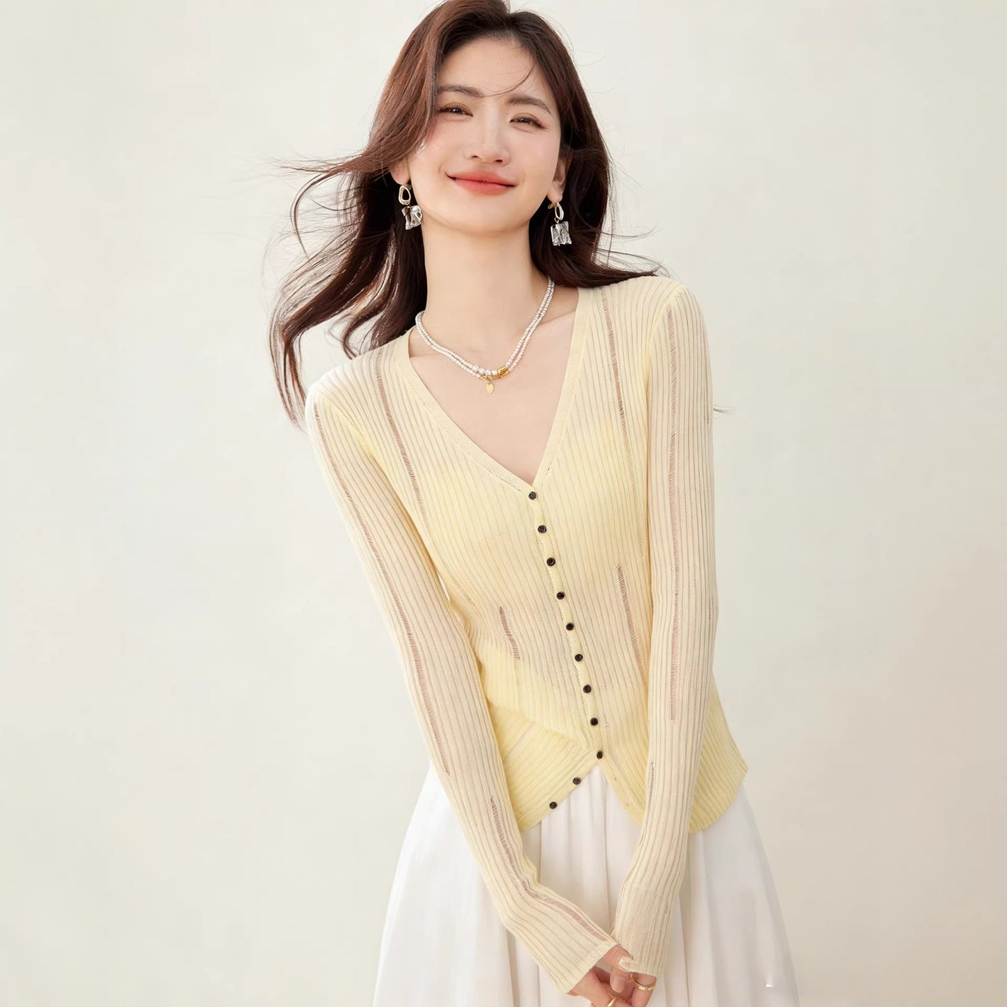 Minimalist Hollow Knit Cardigan for Women - Elegant Long Sleeve Top