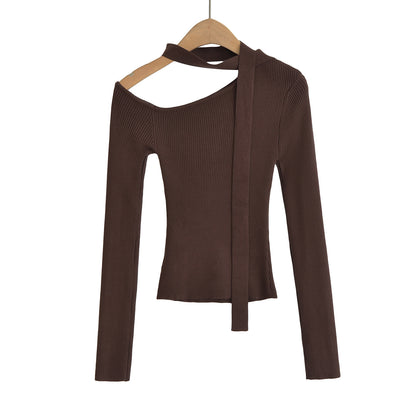 Trendy Slanted Collar Off-Shoulder Ribbed Top - Chic Asymmetric Long Sleeve Shirt