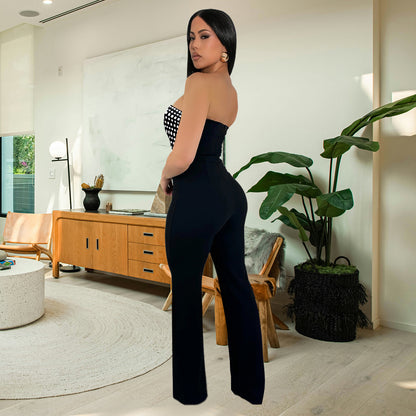 Luxury Rhinestone Strapless Bodysuit & Straight Fit Long Pants Set - Chic Two-Piece Party Outfit