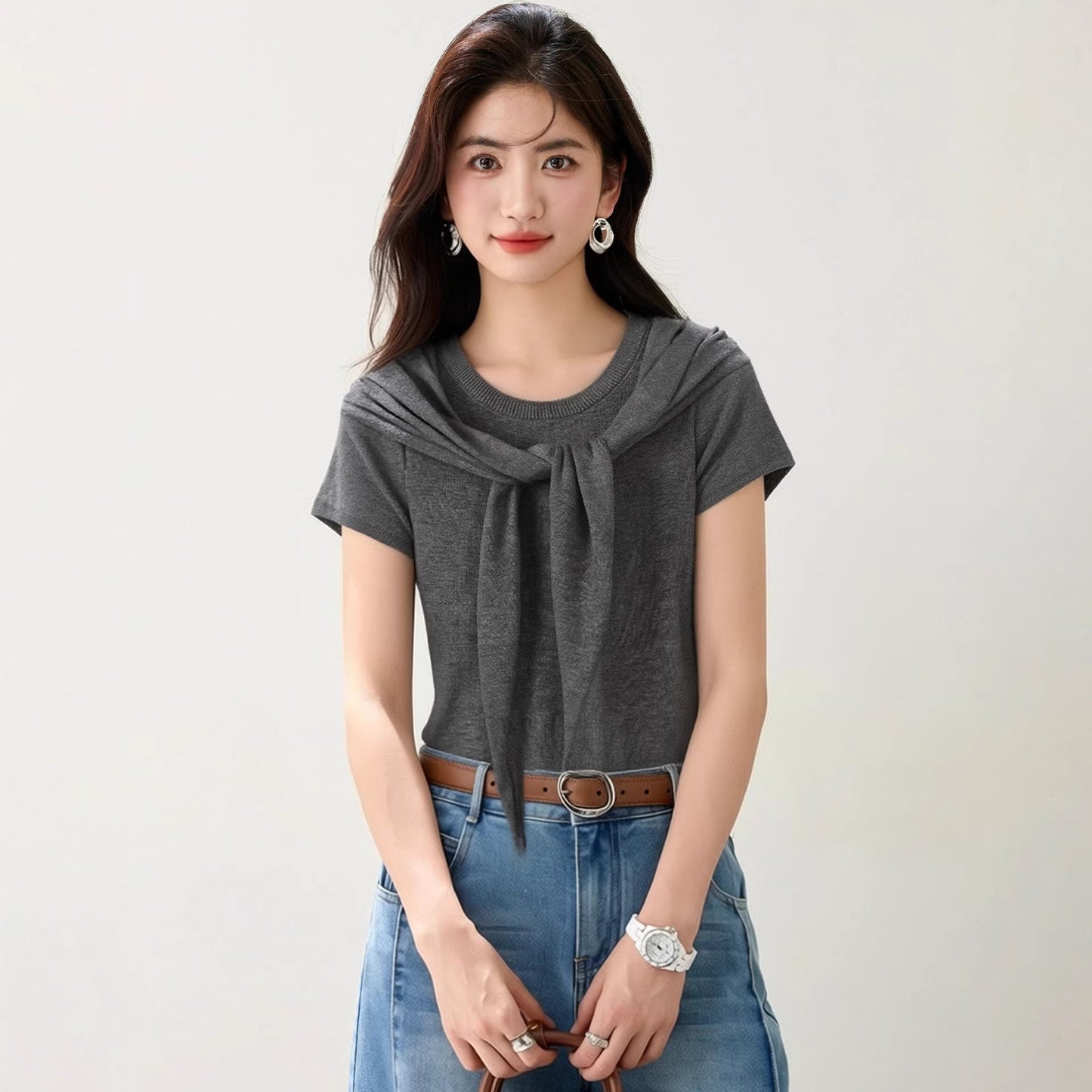 Women's Chic Two-Piece T-Shirt with Shoulder Wrap - Elegant Summer Knit Top