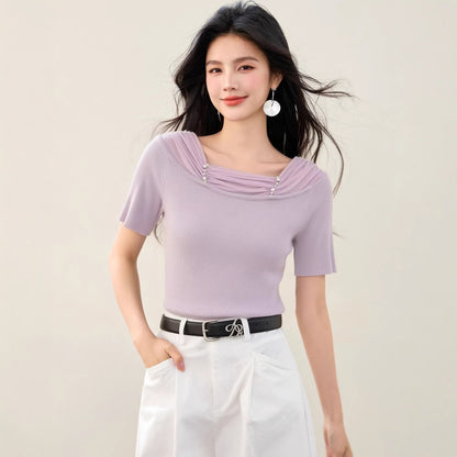 Women's Lace Spliced Off-Shoulder Knit Top - Slim Fit Short Sleeve Blouse
