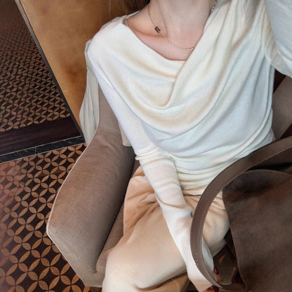 Elegant Off-Shoulder Woolen Knit Top with Design Waistline