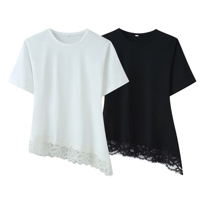Women's Casual Round Neck Tee - Stylish Lace Stitched Asymmetrical Top