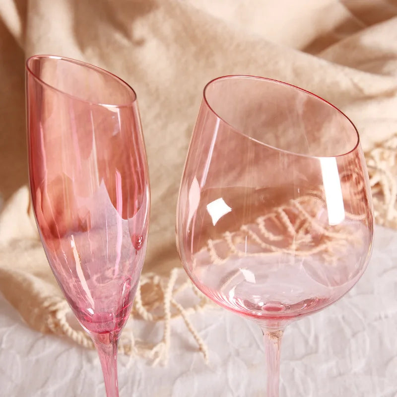 Pink Crystal Bordeaux Wine Glasses | Slanted Rim High-Value Water Cup Set | Aesthetic Home Decor
