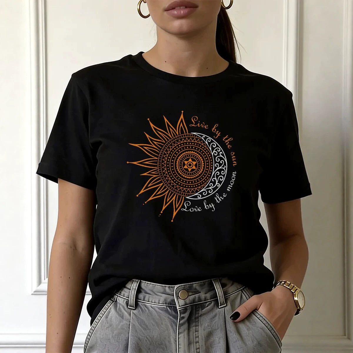 Women's Celestial Sun and Moon Printed Round Neck Casual Tee