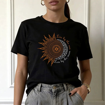 Women's Celestial Sun and Moon Printed Round Neck Casual Tee