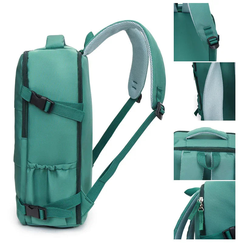Green backpack with adjustable straps, side pocket, padded handle, and close-up details.