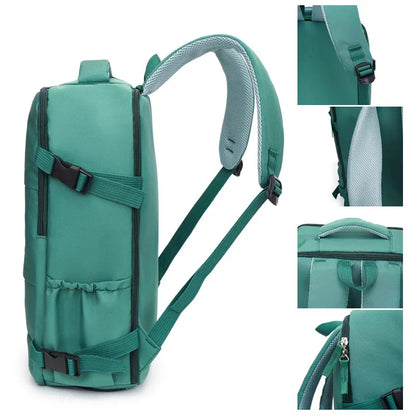 Green backpack with adjustable straps, side pocket, padded handle, and close-up details.