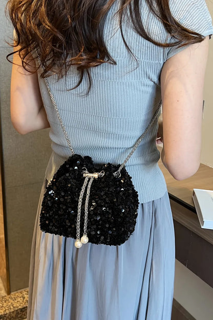 Sparkling Sequin Drawstring Bucket Bag with Chain Strap