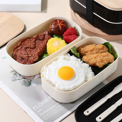 Japanese Style Double-Layer Bento Lunch Box with Natural Bamboo Lid & Portable Cutlery Set (Leak-Proof & Eco-Friendly)