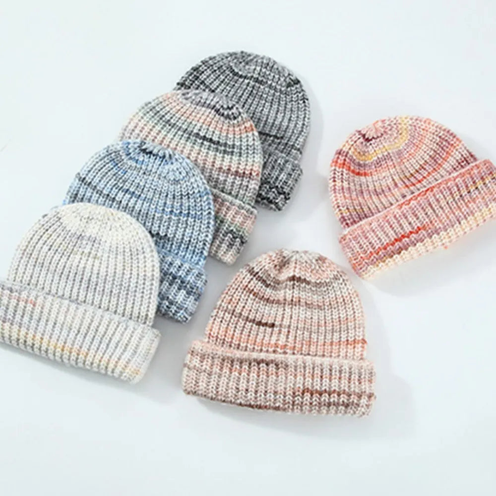 Unisex Thermal Contrast Color Knit Beanie Hat | Soft Warm Ribbed Winter Skull Cap