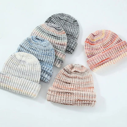 Unisex Thermal Contrast Color Knit Beanie Hat | Soft Warm Ribbed Winter Skull Cap