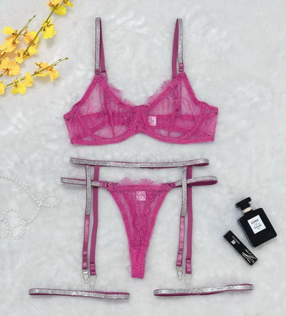 Sexy Cross-border Thong & Garter Lingerie Four-piece Set